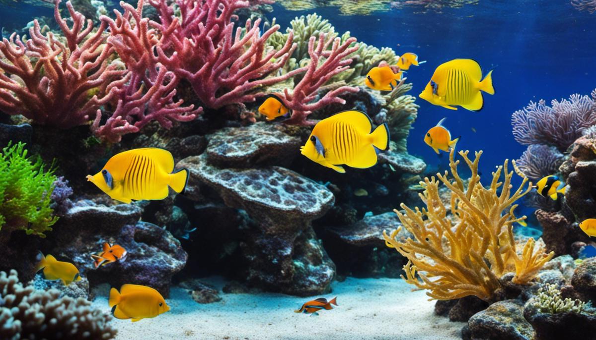 A vibrant marine aquarium with colorful fish swimming among rocks and plants.