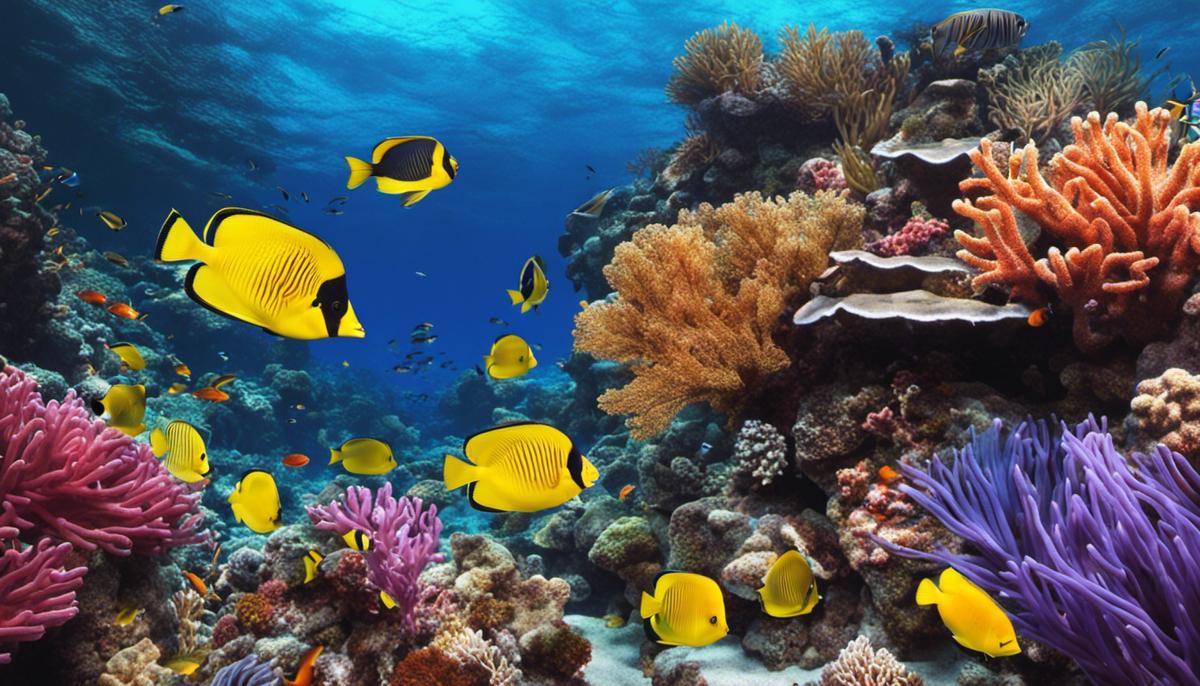 A colorful underwater scene with tropical saltwater fish swimming among coral reefs and marine plants