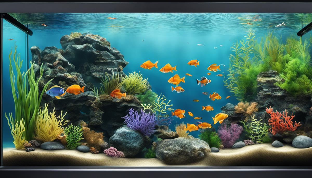 Illustration of a fish tank with different fish species swimming at various levels in the tank.