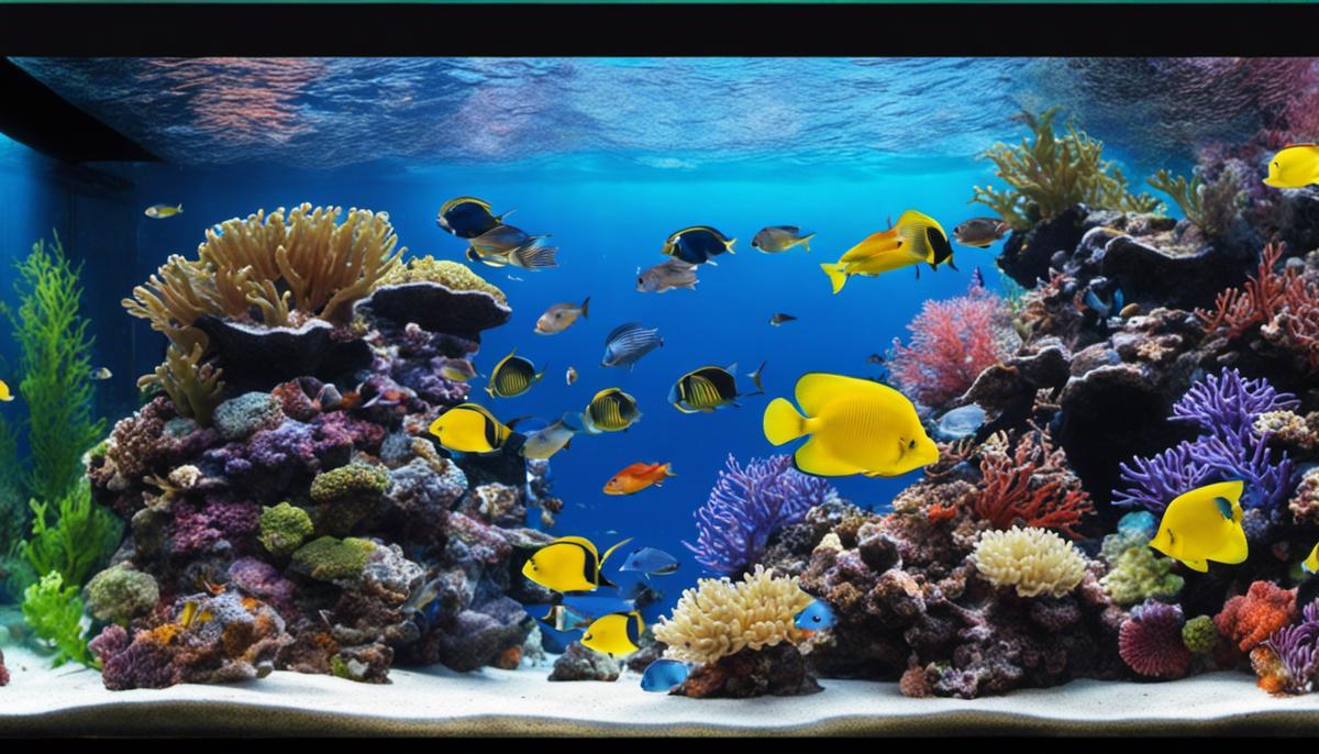 A colorful marine aquarium with a variety of fish swimming among coral reefs and plants