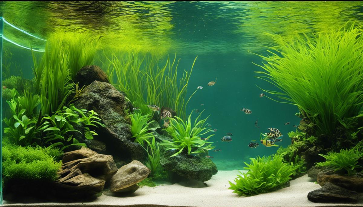 Aquascape image with underwater plants, stones, and wood arranged in an aesthetically pleasing manner