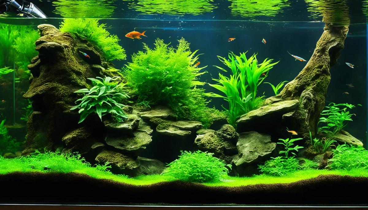 Aquarium aquascaping: A visually stunning underwater landscape filled with lush plants and rocks.