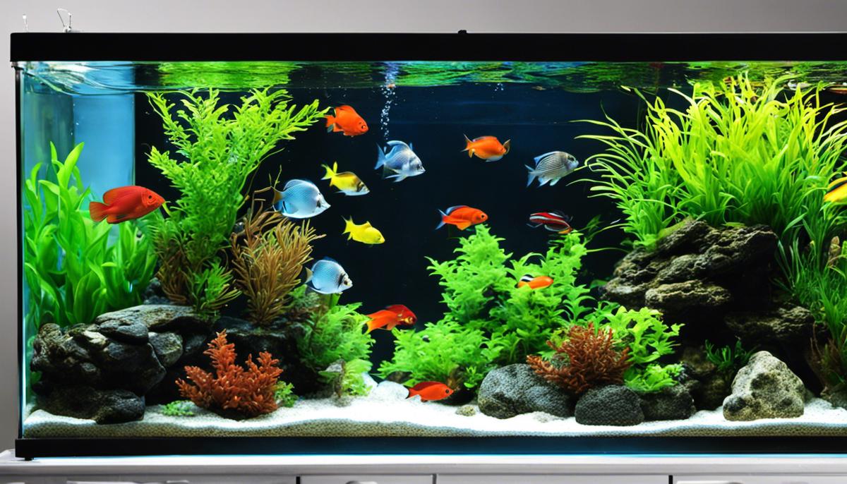 A variety of aquarium equipment including a filter, heater, lighting fixture, thermometer, air pump, and water test kit.
