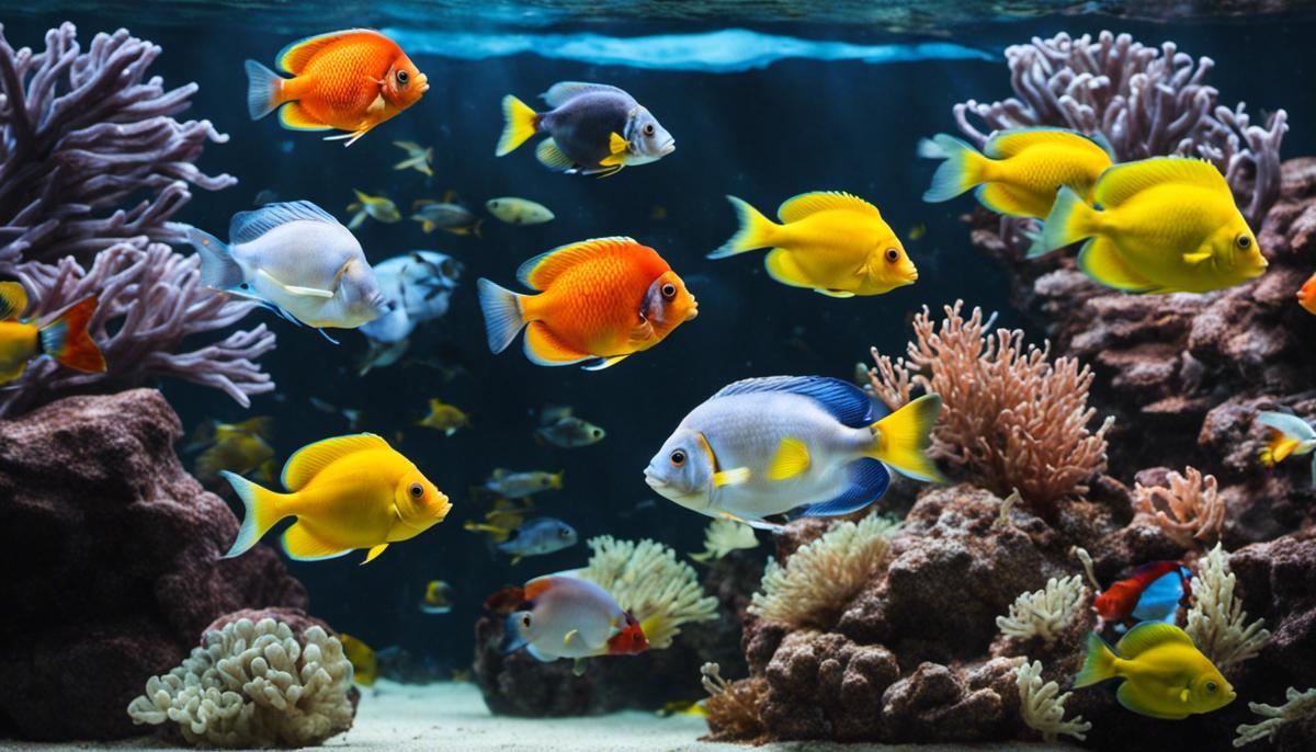 Various aquarium fish swimming together in a tank, representing the importance of fish health and disease prevention