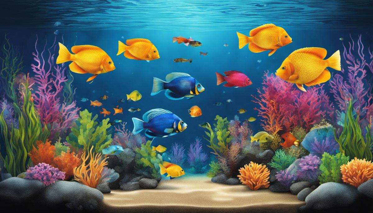 Illustration of a fish tank with colorful fish swimming happily inside.