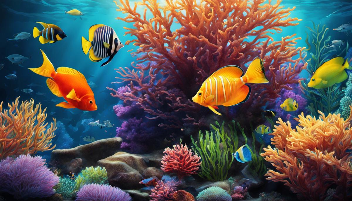 Illustration of an aquarium with various types of lighting, showcasing vibrant colors and healthy marine life.