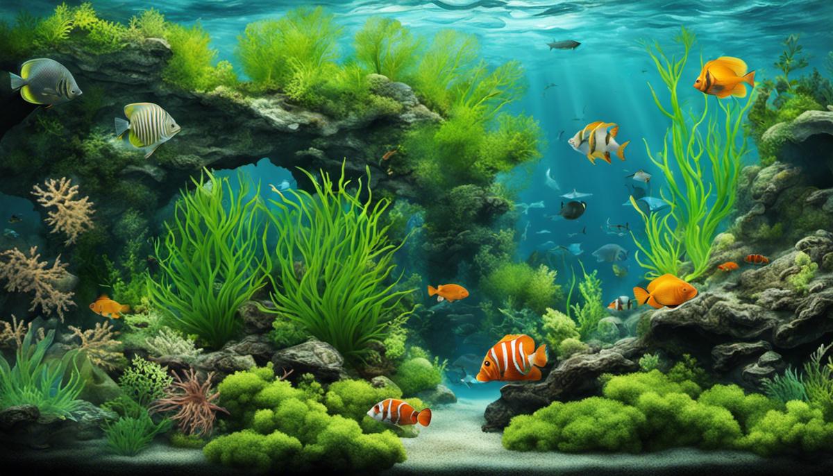Illustration of aquarium with excessive algae growth, fish stress, and overheating.