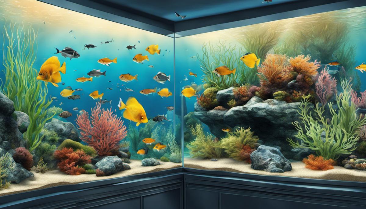 Illustration of different-sized aquariums with fish swimming in them.