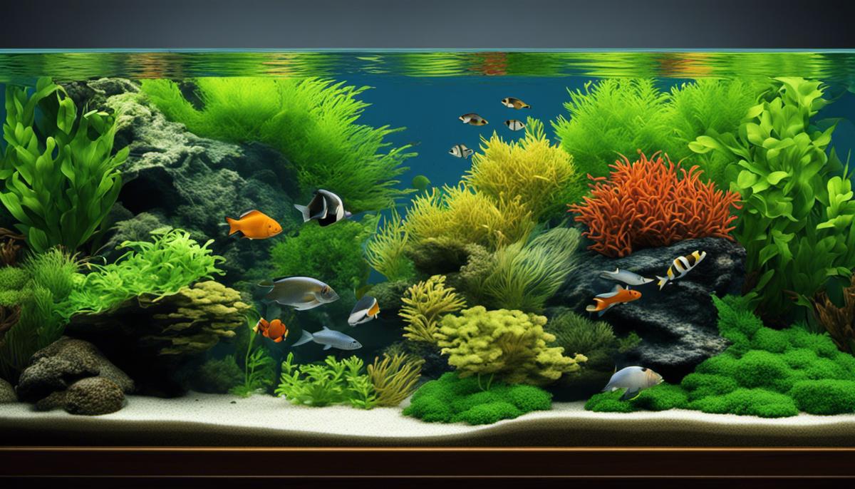 Illustration of an aquarium ecosystem with a variety of fish, live plants, and algae-eating species contributing to a balanced environment.