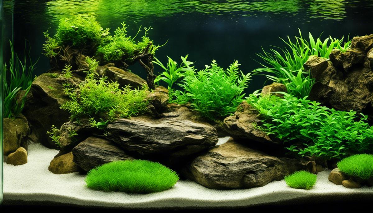 Image depicting the natural layout of an aquarium with plants, substrate, rocks, and wood in a sectioned environment.