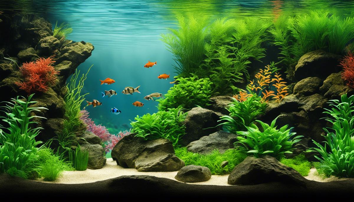 An image of a beautifully designed aquascape with lush green plants, rocks, and colorful fish swimming in the aquarium.