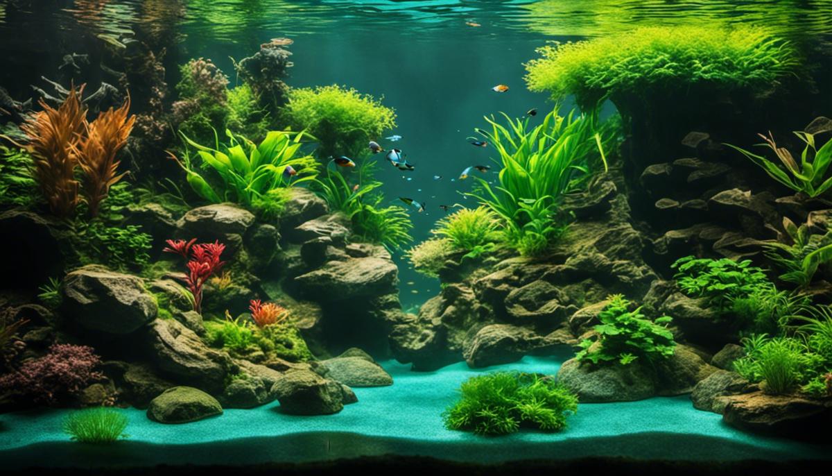 Image of a beautifully designed aquascape with lush plants, rocks, and wood creating a natural underwater landscape.