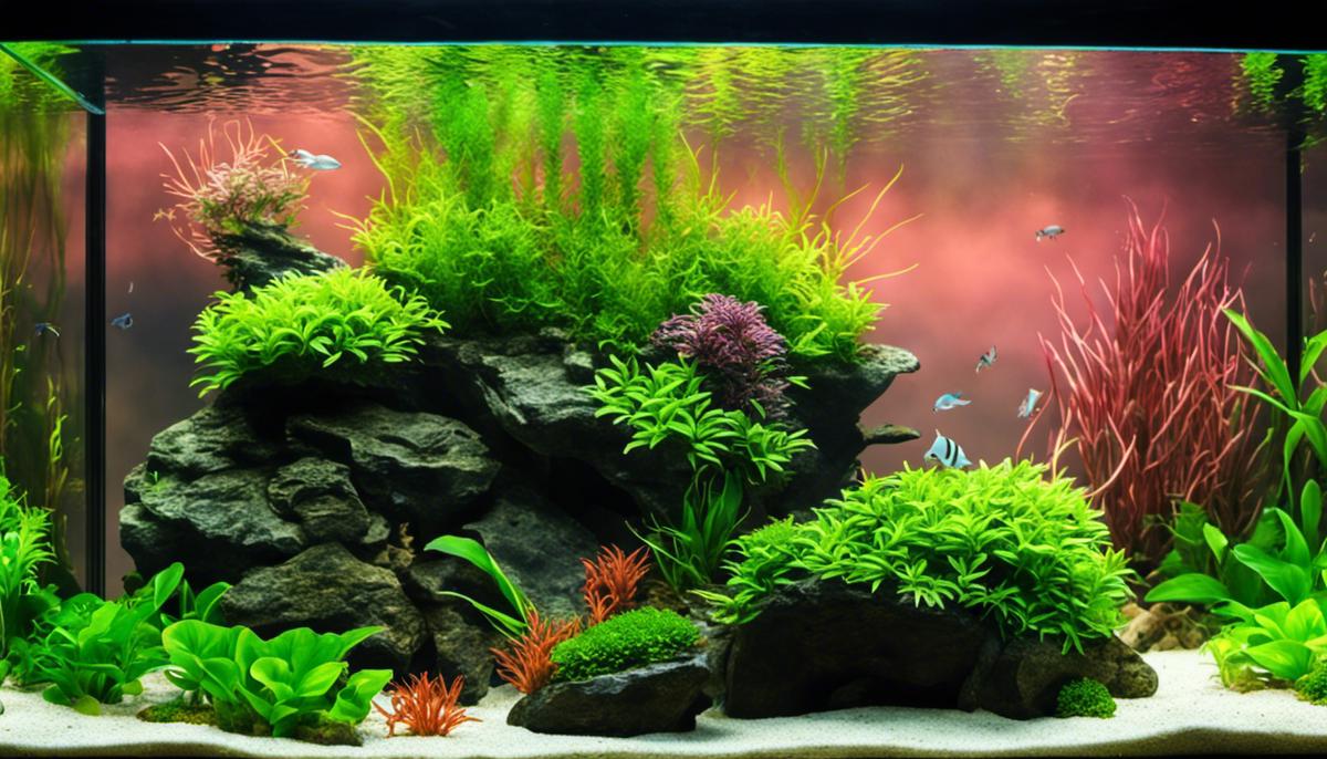 An image showing a beautiful aquascape in an aquarium with various aquatic plants, rocks, and driftwood, creating a serene underwater environment.