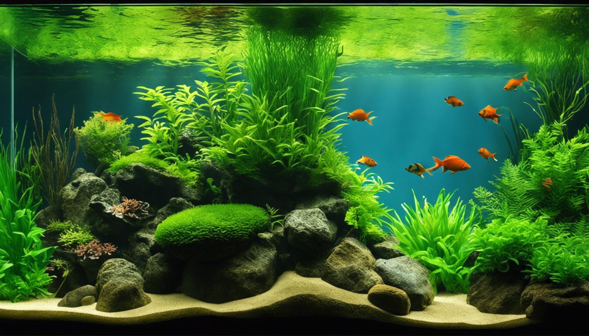 An image showing a beautifully aquascaped aquarium with lush vegetation, rocks, and fish swimming among the plants.