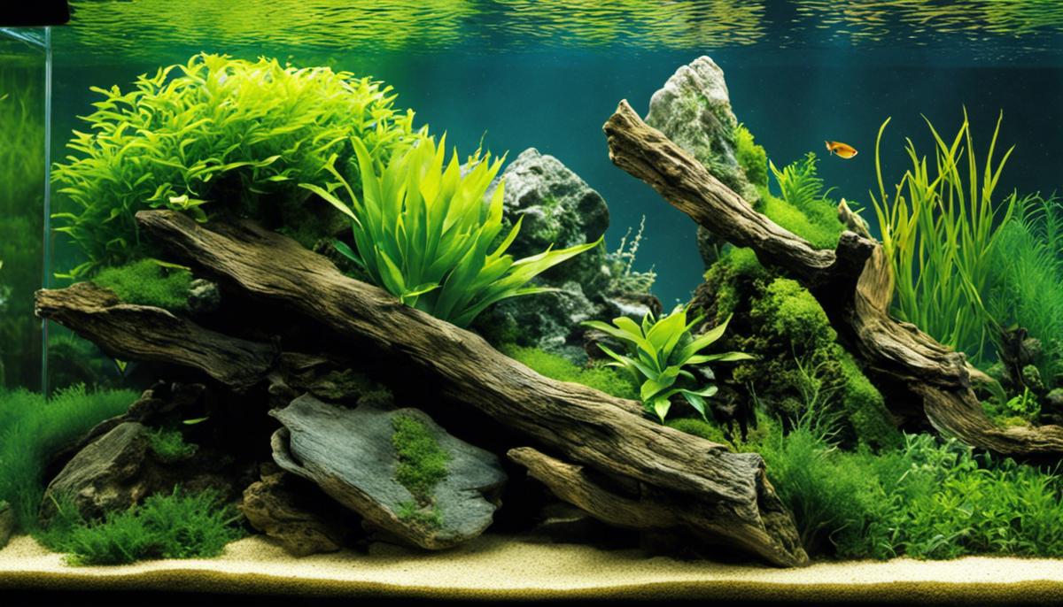 A variety of aquascaping materials, such as rocks, driftwood, and aquatic plants, arranged in an aquarium setting.