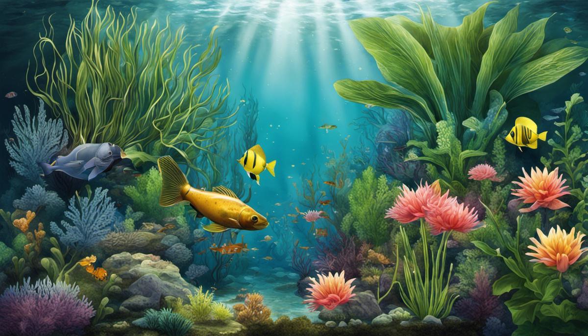 Illustration showing different types of aquatic plants in an underwater habitat