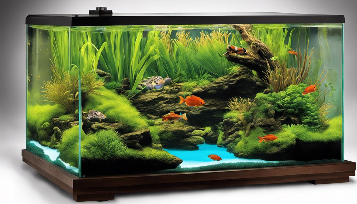Image depicting a balanced ecosystem with various aquatic species coexisting in a tank.