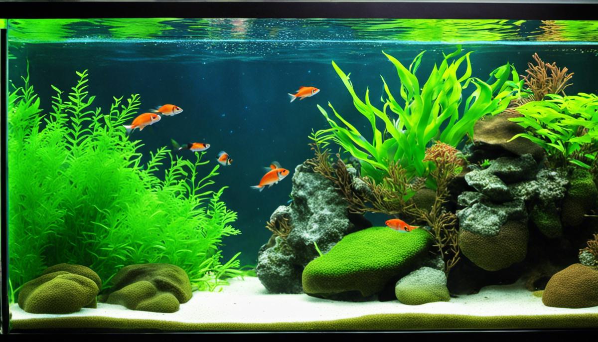A fish tank with clear water and healthy fish, signifying the successful control of algae growth.