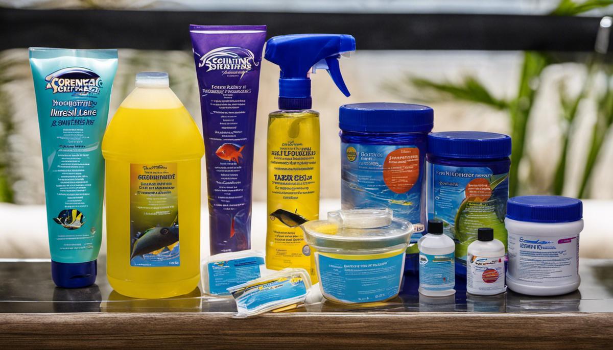 Various cleaning supplies for a saltwater tank maintenance process