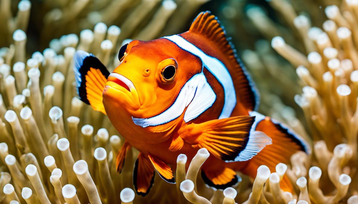 A vibrant orange clownfish with white stripes swimming in a coral reef environment