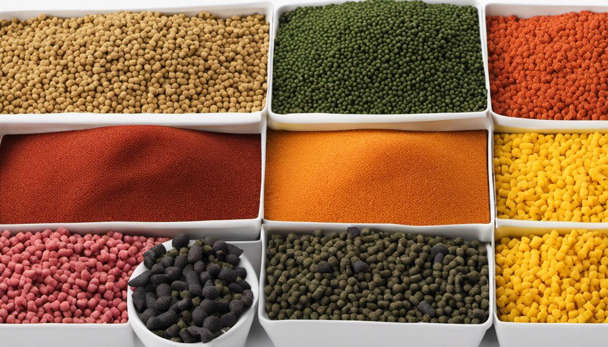 A variety of fish feed pellets in different colors and shapes