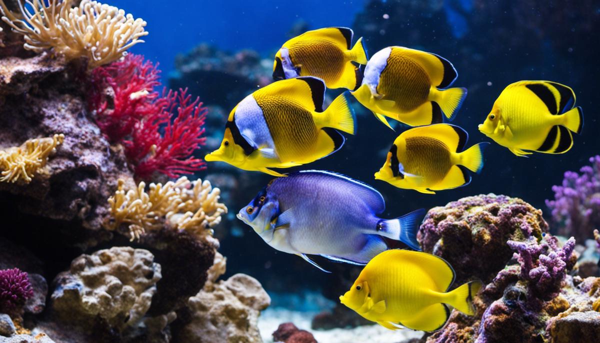 A variety of colorful saltwater fish swimming peacefully together in a well-maintained aquarium.