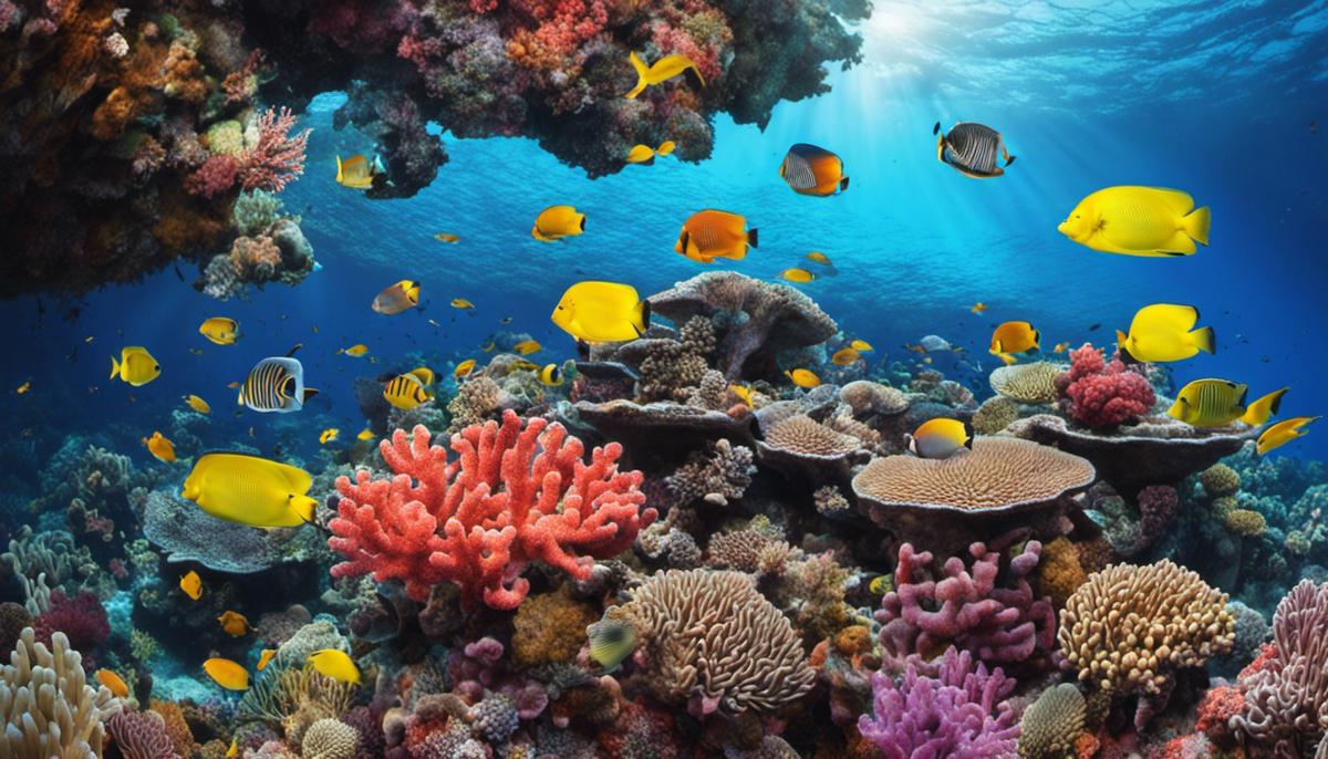 A vibrant coral reef with various tropical saltwater fish swimming among the corals.