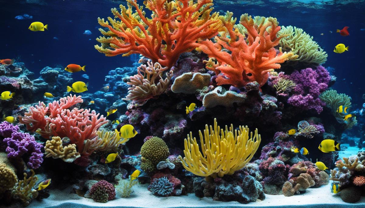 A colorful coral aquarium with various shapes and sizes of corals, creating a vibrant and visually appealing underwater environment.