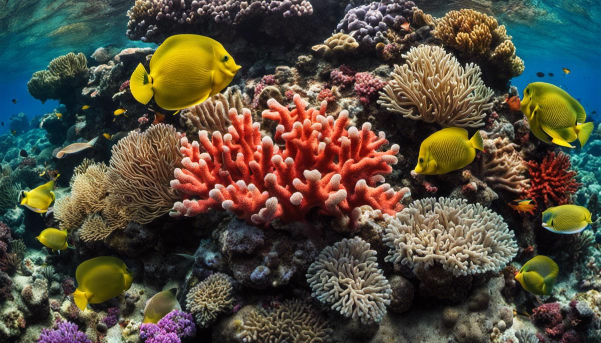 A beautiful underwater image of different corals in various colors and shapes, showcasing the diversity of coral life.