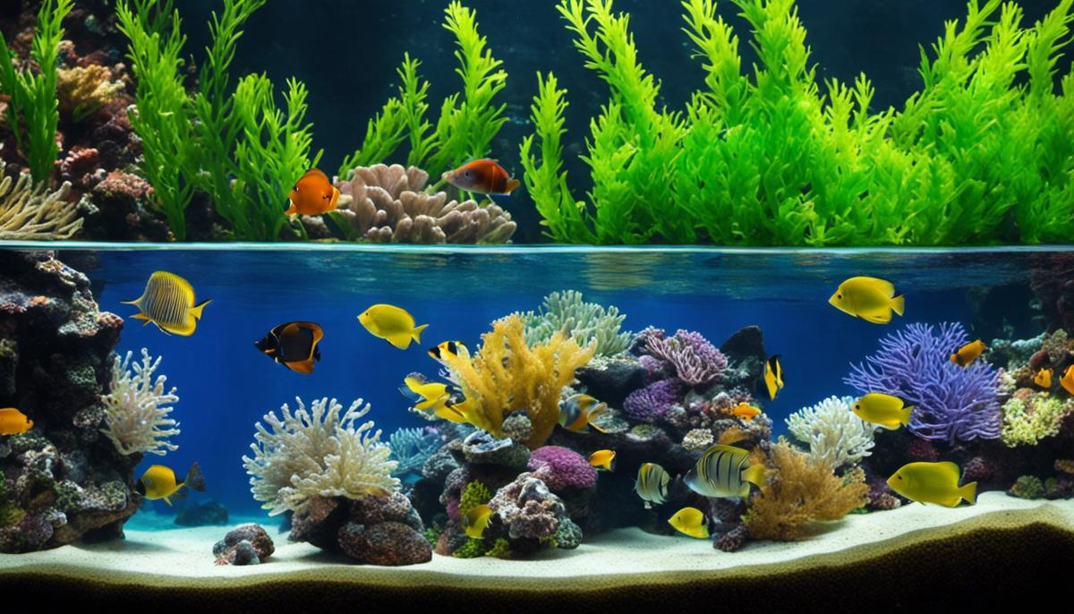 Image of a saltwater aquarium with various marine fish swimming happily in a well-maintained environment.