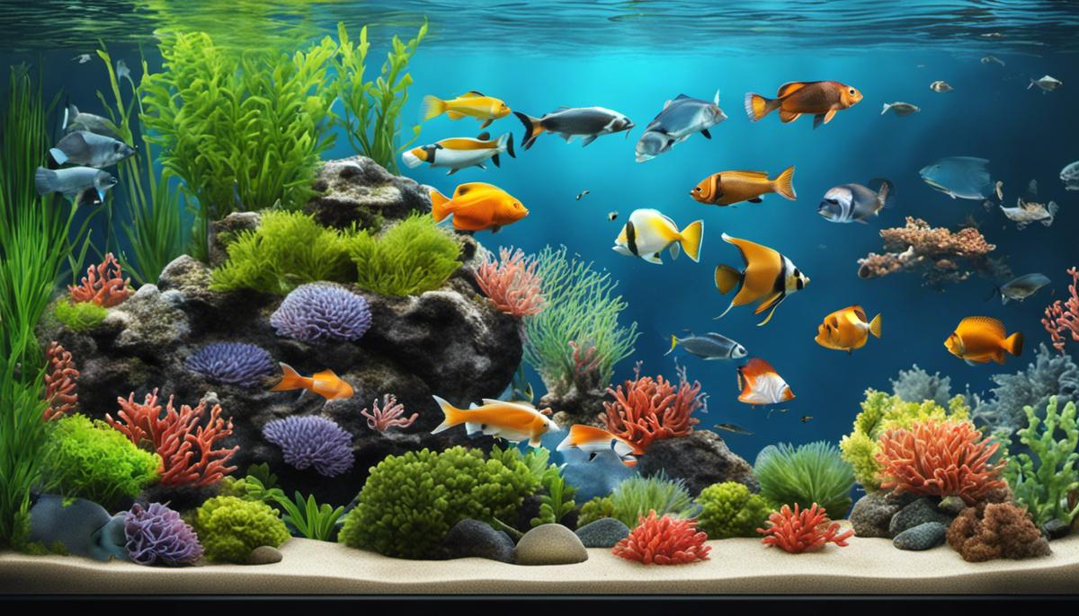 Illustration of a fish tank with various types of fish, indicating the importance of understanding their dietary requirements