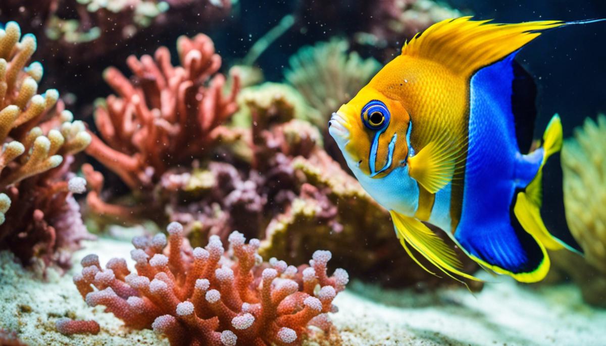 A colorful saltwater fish swimming in a tank.