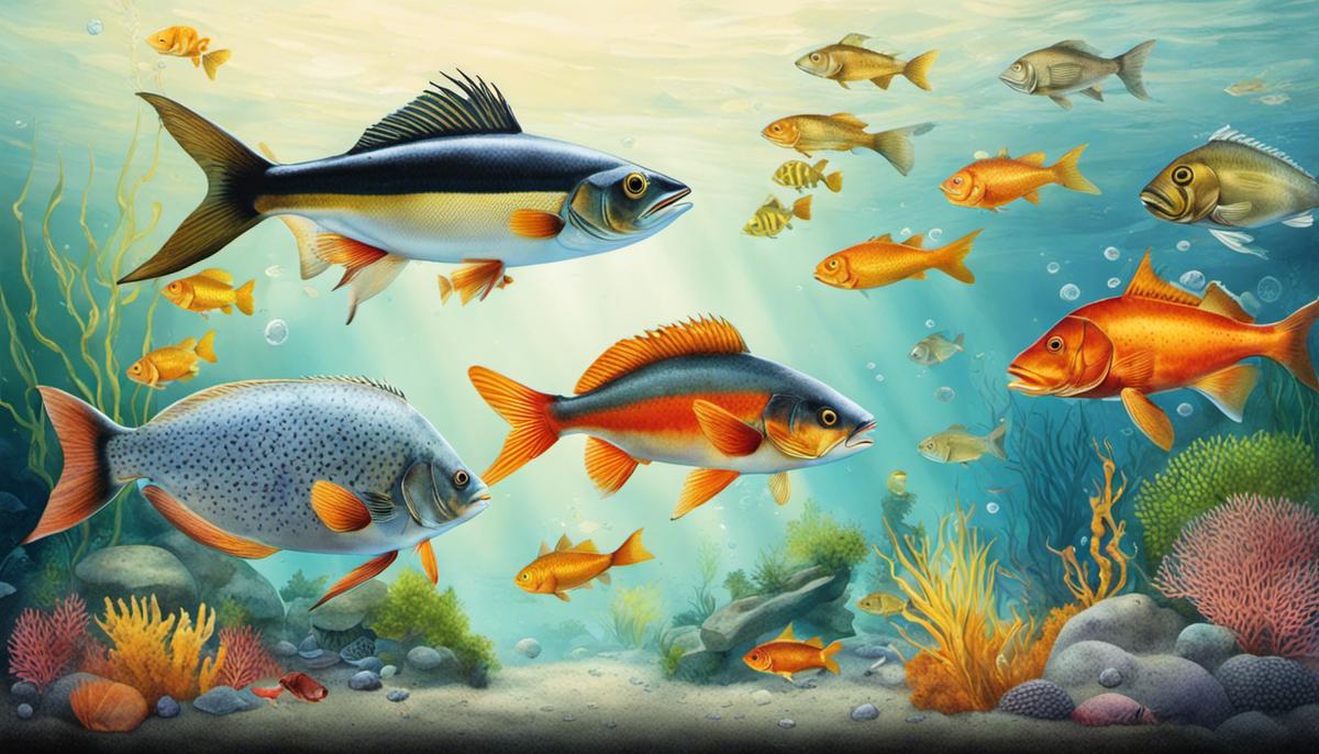 Illustration depicting different fish species and their preferred pH levels.