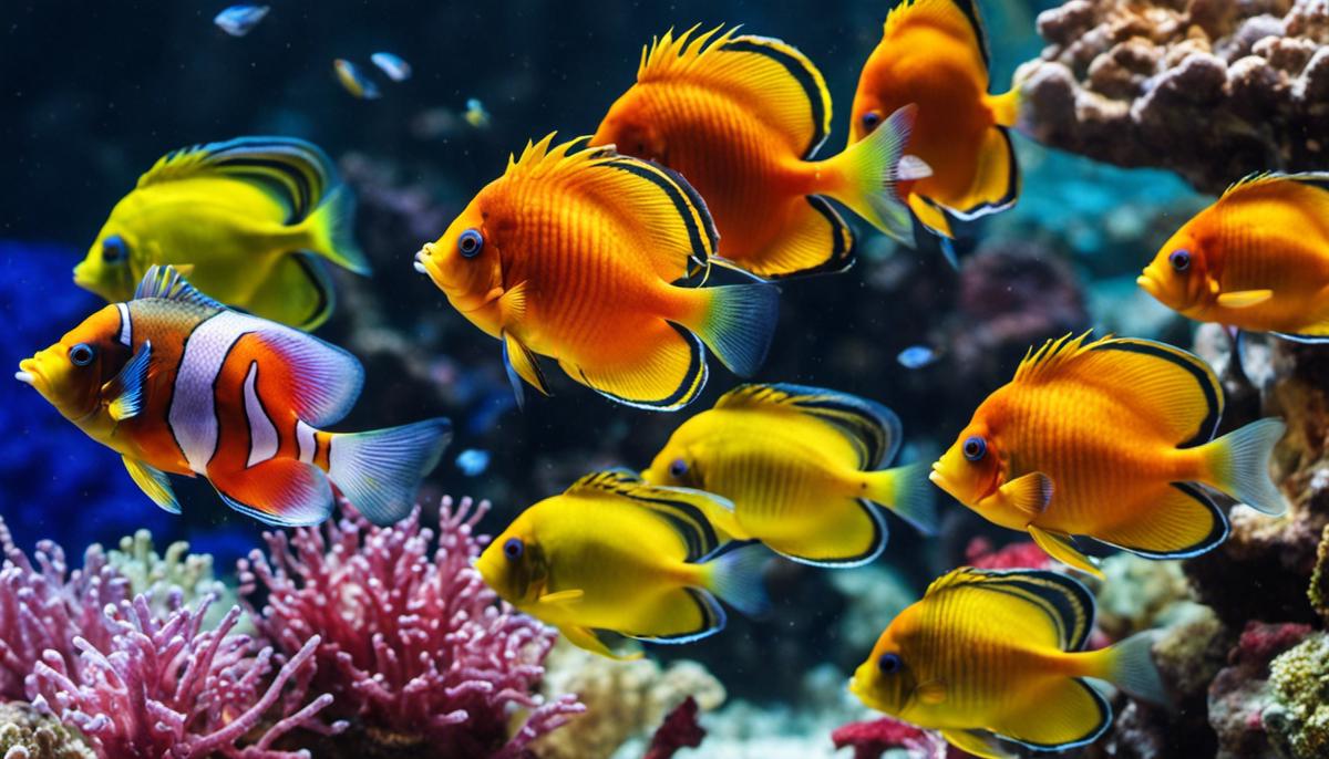 Image of various colorful fish swimming in a saltwater aquarium.