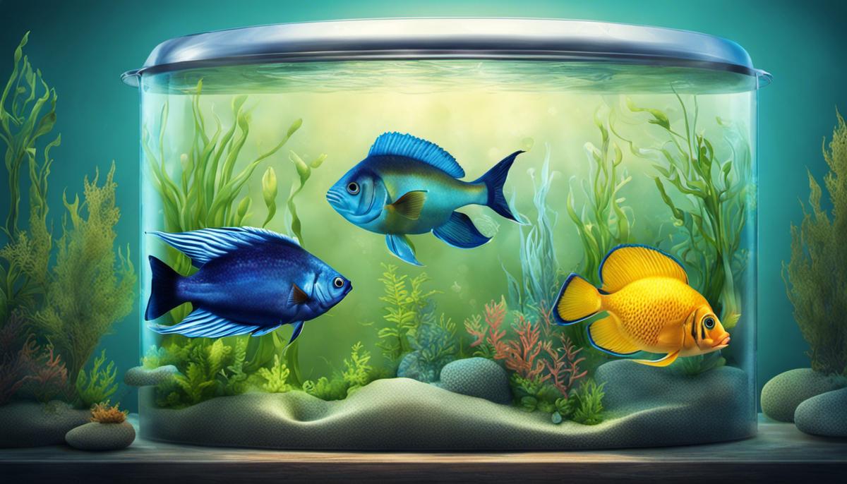 Illustration showing a fish in a water tank with pH levels being tested
