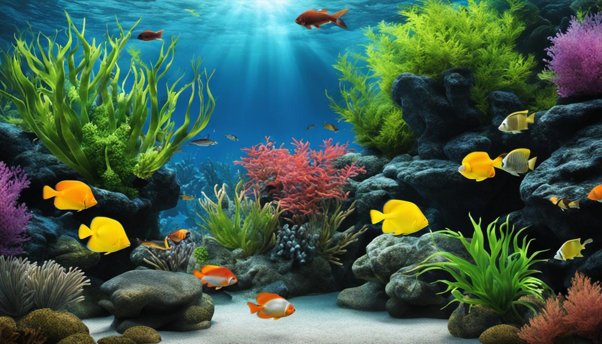 A serene underwater aquarium scene with a variety of colorful fish swimming peacefully amidst aquatic plants.