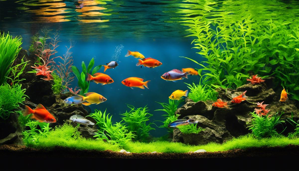 A freshwater aquarium with colorful fish swimming in a well-planted tank.