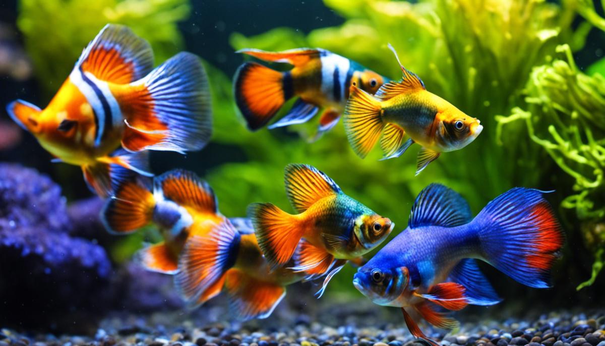 A colorful image of vibrant guppies swimming in an aquarium.