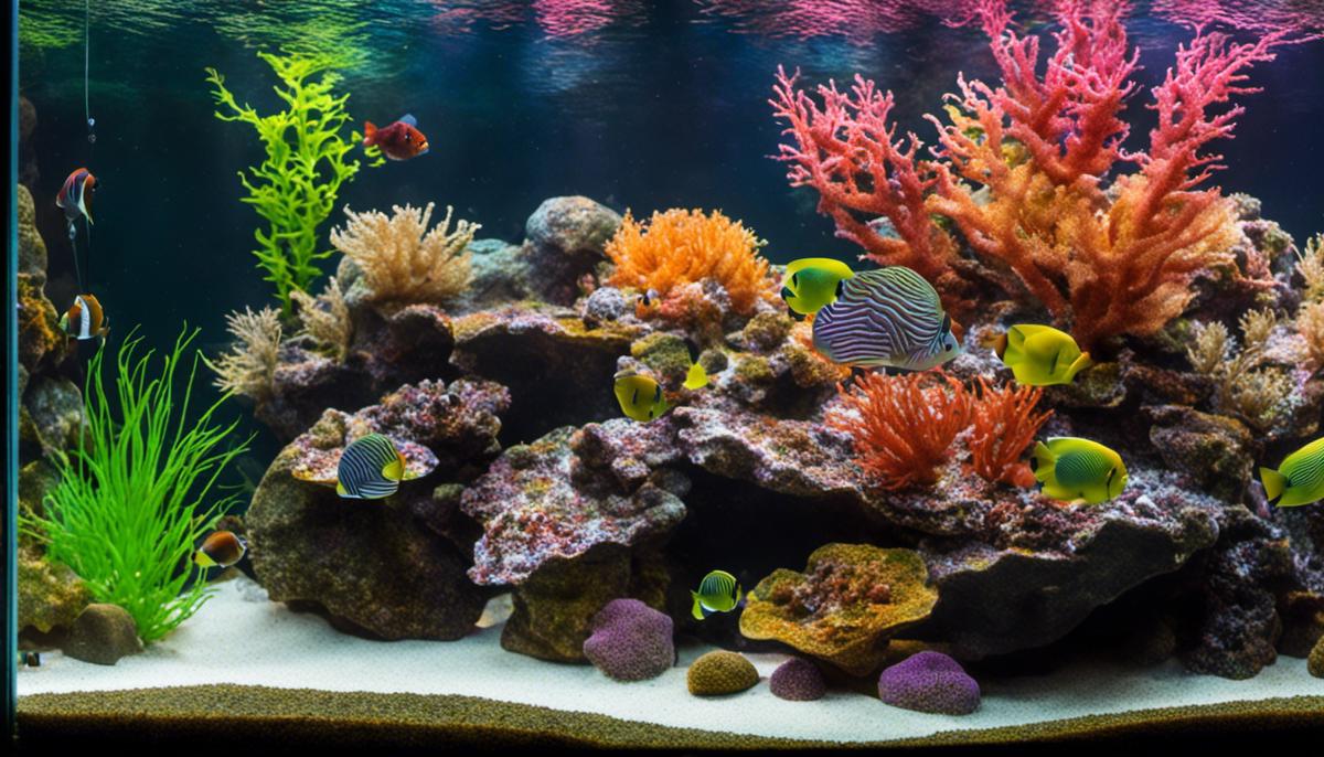 Image of live rock in a saltwater aquarium, showcasing diverse shapes and colors
