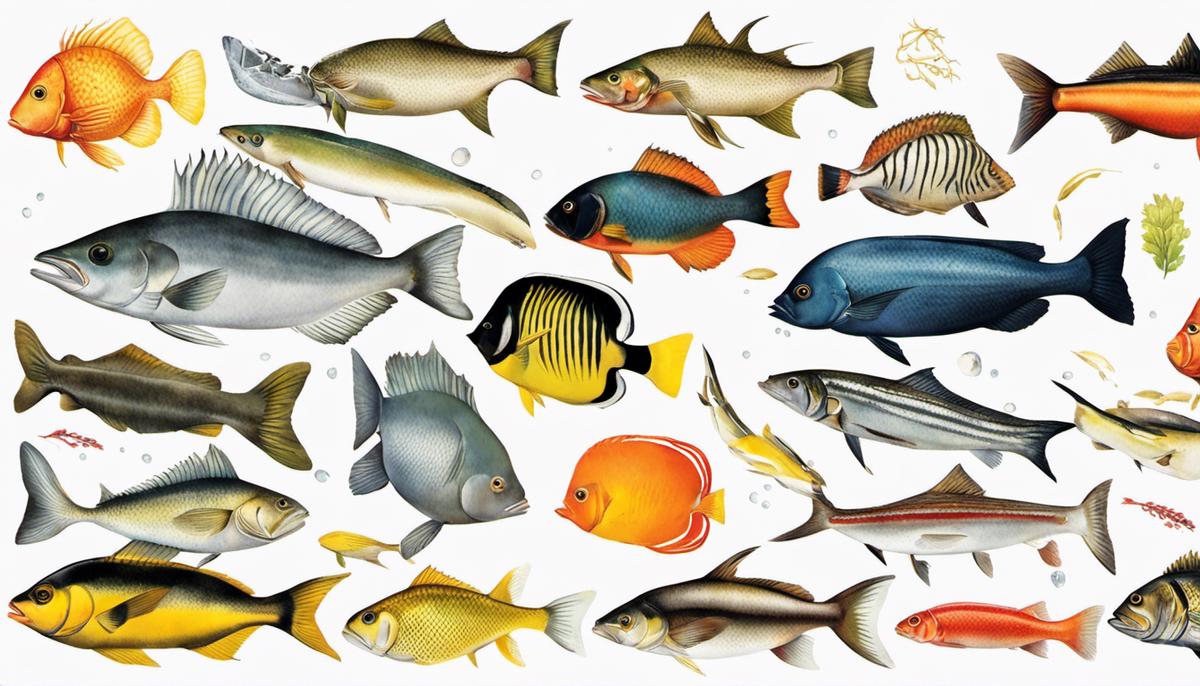 Illustration of various marine fish with different types of nutrient-rich foods, highlighting the importance of a balanced diet for their health and well-being