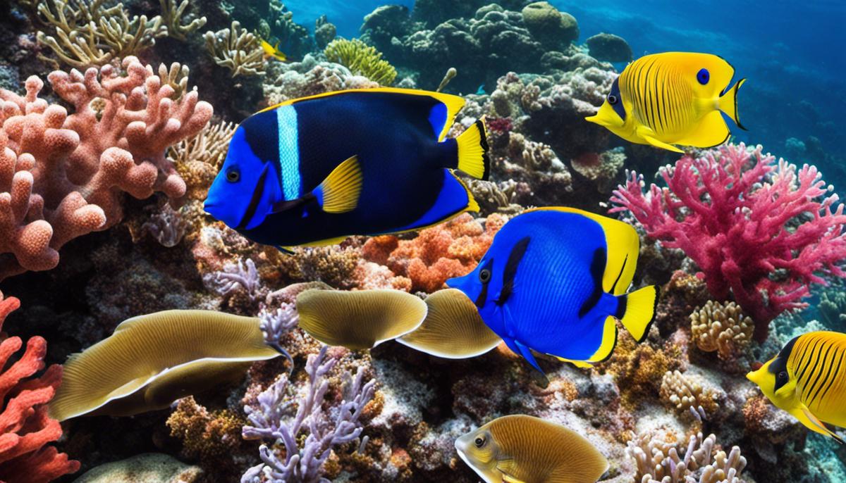 A variety of colorful marine fish swimming in a vibrant coral reef.