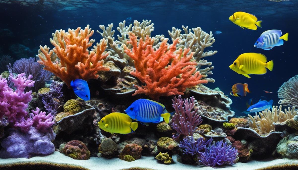 A colorful saltwater aquarium with different marine life, corals, and plants, creating a vibrant underwater environment.