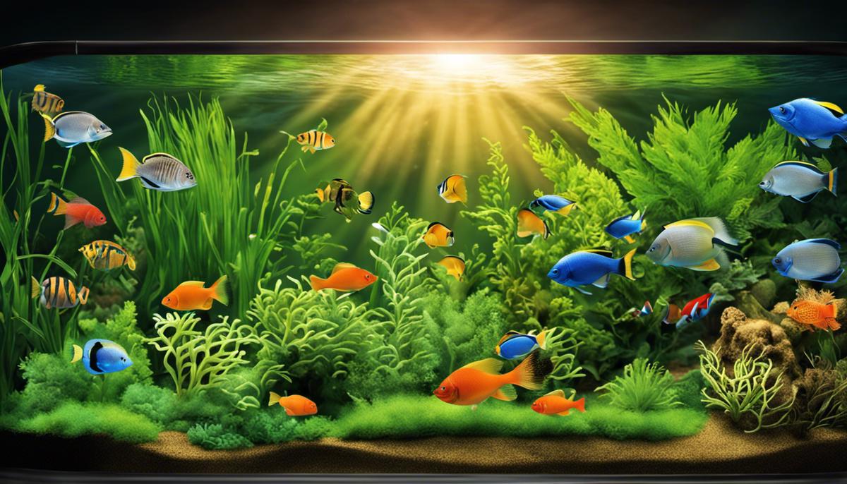 Illustration of the nitrogen cycle in an aquarium, depicting the conversion of ammonia to nitrite and then to nitrate by beneficial bacteria.