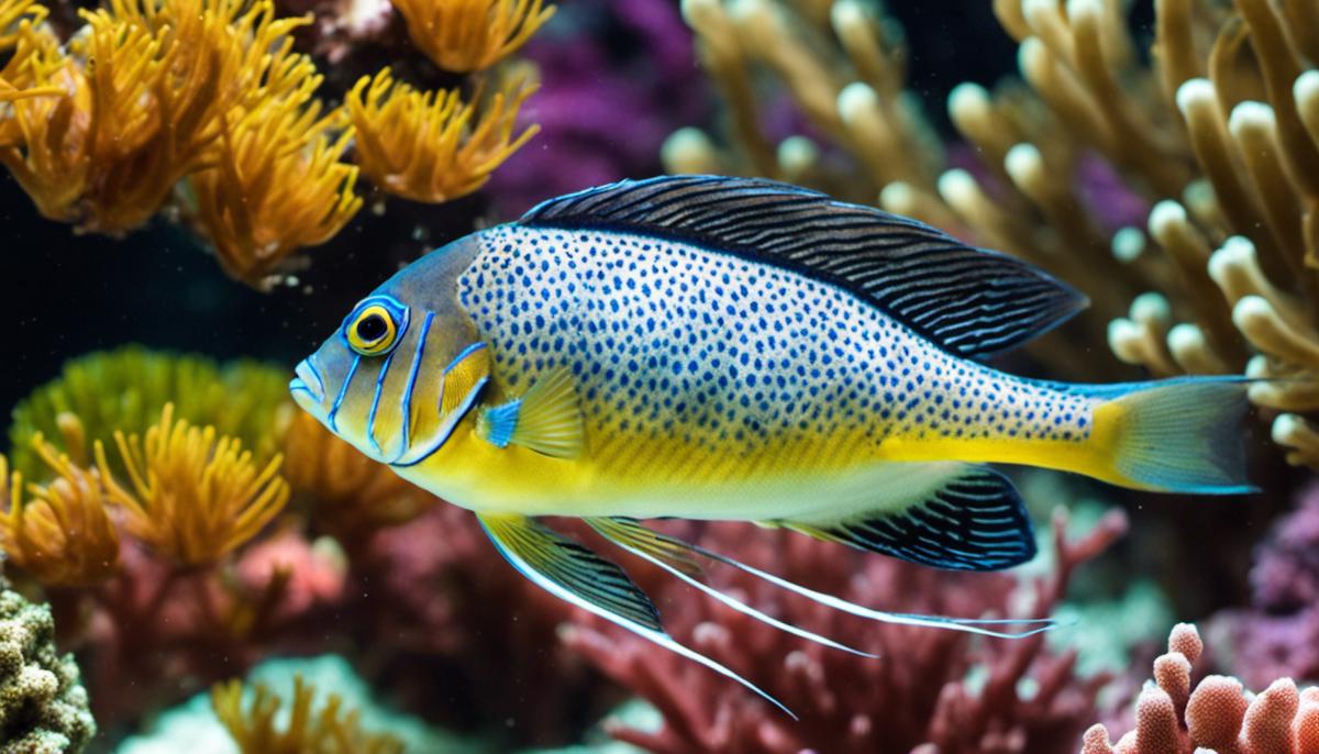 A close-up image of a marine fish swimming in a coral reef, highlighting the importance of nutrition for their health.