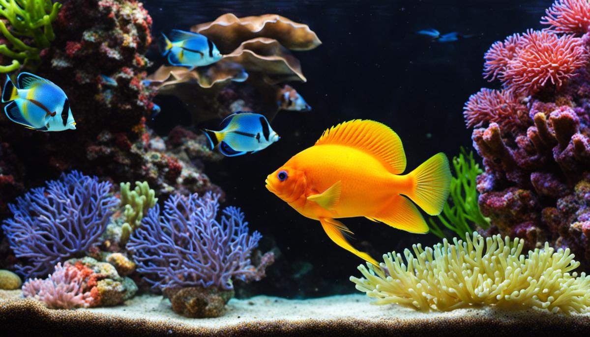 An image of a saltwater aquarium with colorful fish and corals.