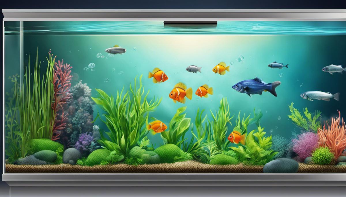 Illustration showing the measurement of pH levels in a fish tank with a scale ranging from acidic to alkaline.