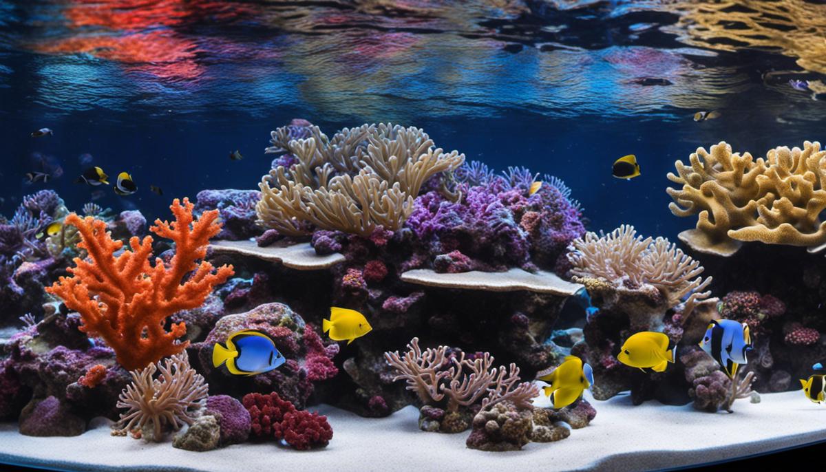 A beautiful reef tank with colorful corals and various fish swimming around.