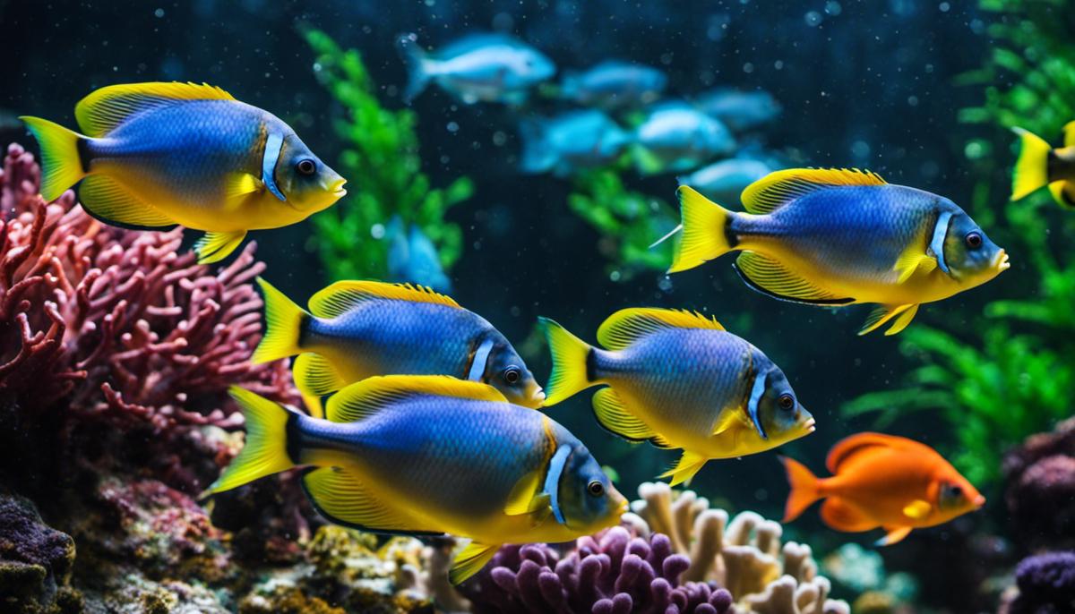 Image of a variety of vibrant fish swimming in a saltwater aquarium.
