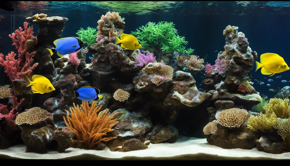 An image of live rock formations in a saltwater aquarium ecosystem.
