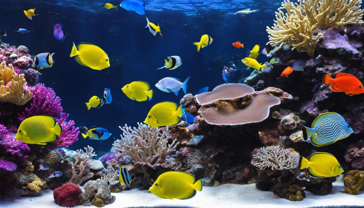 A beautiful saltwater aquarium filled with colorful fish and vibrant corals.